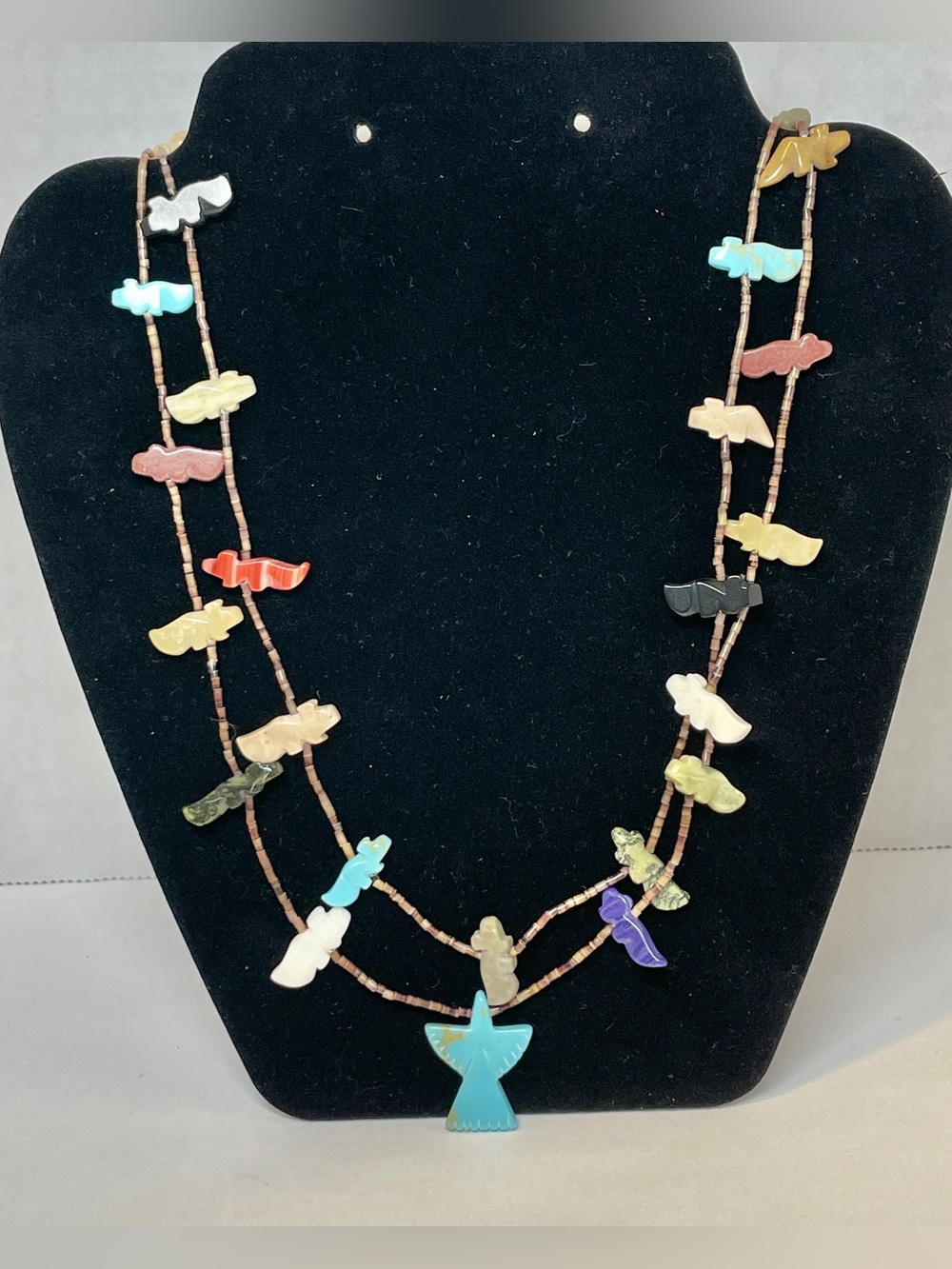Vintage Zuni 30" Double strand Fetish Necklace, hand carved stone animals. as-is